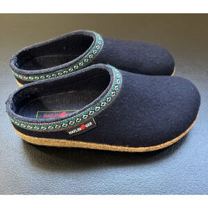 Haflinger Clogs Womens 38 Navy Green Mule Slipper Boiled Wool Comfort Slip On